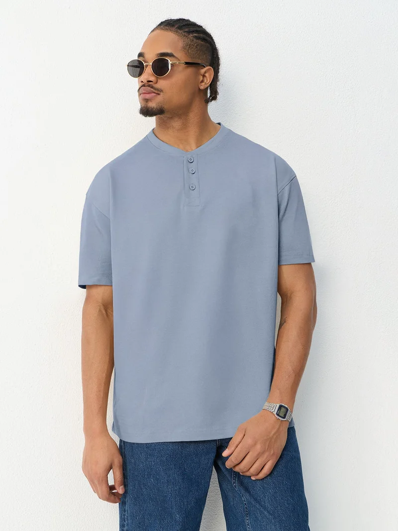 The Souled Store The Souled Store: Marine Men and Boys Short Sleeve Y-Neck Henley Light Slate Grey Solid Textured Cotton Oversized Fit Heavy Gauge Fabric Polo Shirts