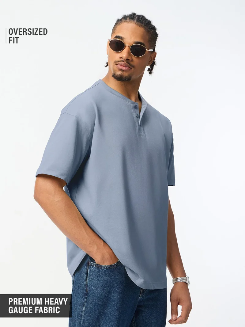 The Souled Store  The Souled Store: Marine Men and Boys Short Sleeve Y-Neck Henley Light Slate Grey Solid Textured Cotton Oversized Fit Heavy Gauge Fabric Polo Shirts  | Best Price UAE