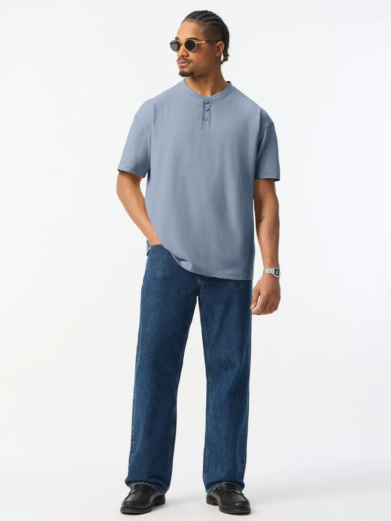 The Souled Store  The Souled Store: Marine Men and Boys Short Sleeve Y-Neck Henley Light Slate Grey Solid Textured Cotton Oversized Fit Heavy Gauge Fabric Polo Shirts  | Best Price UAE