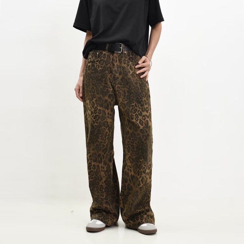 2023 New Original American Style Retro Leopard Print Jeans Straight Loose Men'S And Women'S Trendy Leopard Print Casual Pants - Image 5