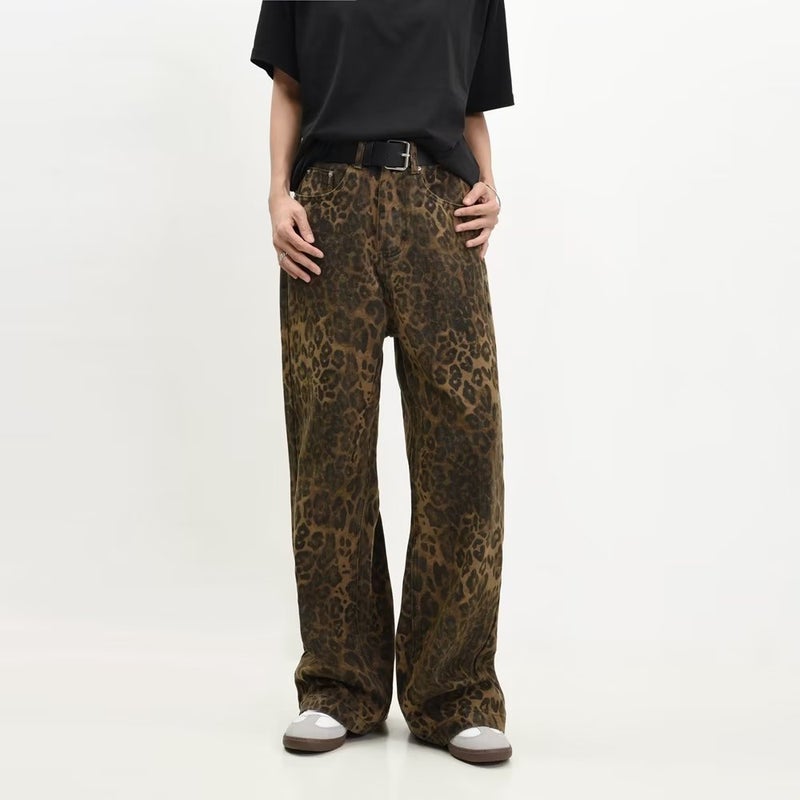2023 New Original American Style Retro Leopard Print Jeans Straight Loose Men'S And Women'S Trendy Leopard Print Casual Pants - Image 2
