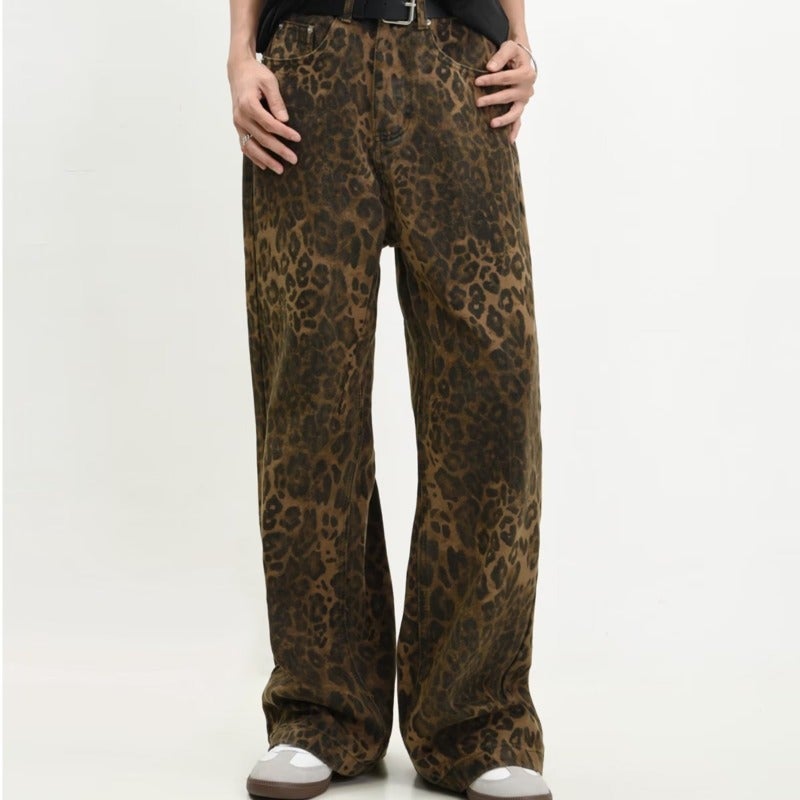2023 New Original American Style Retro Leopard Print Jeans Straight Loose Men'S And Women'S Trendy Leopard Print Casual Pants - Image 1