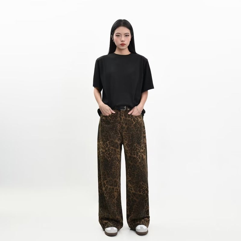 2023 New Original American Style Retro Leopard Print Jeans Straight Loose Men'S And Women'S Trendy Leopard Print Casual Pants - Image 4