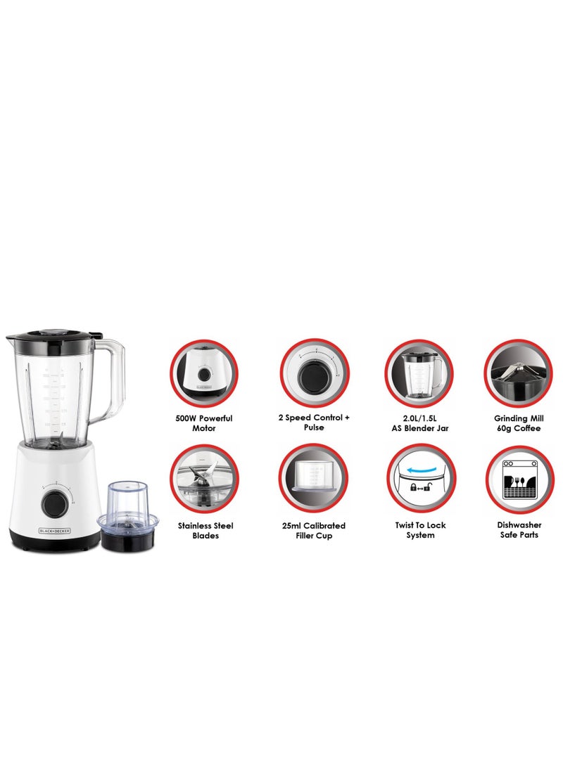 BLACK+DECKER Blender & Smoothie Maker, Stainless Steel Blades, Grinder Mill, Ice Crushing, 2 Speed + Pulse, Safety Jar Lock, Compact Design for Easy Storage – 1.5 L 500 W BX520-B5 White - Image 3