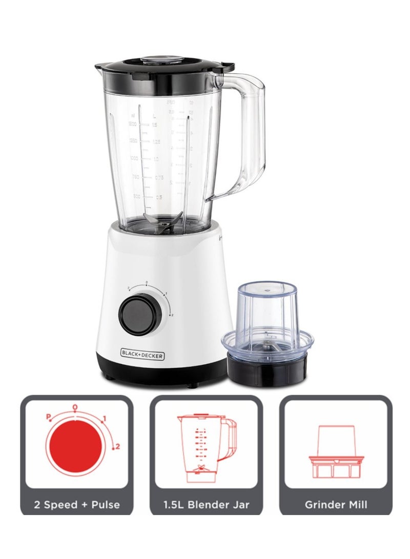 BLACK+DECKER Blender & Smoothie Maker, Stainless Steel Blades, Grinder Mill, Ice Crushing, 2 Speed + Pulse, Safety Jar Lock, Compact Design for Easy Storage – 1.5 L 500 W BX520-B5 White - Image 2