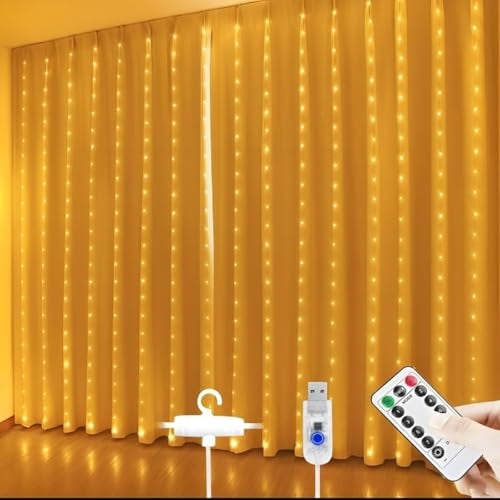 One94Store Plastic Fairy Curtain String Lights for Wall Decoration, Warm White USB Powered 300 LED's, 8 Flashing Modes, Window Backdrop Lights for Bedroom, Party, Diwali, Christmas - 3x3 Meter - Image 1