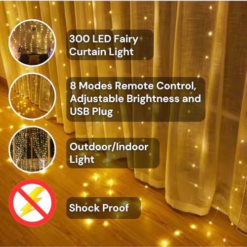 One94Store Plastic Fairy Curtain String Lights for Wall Decoration, Warm White USB Powered 300 LED's, 8 Flashing Modes, Window Backdrop Lights for Bedroom, Party, Diwali, Christmas - 3x3 Meter - Image 4