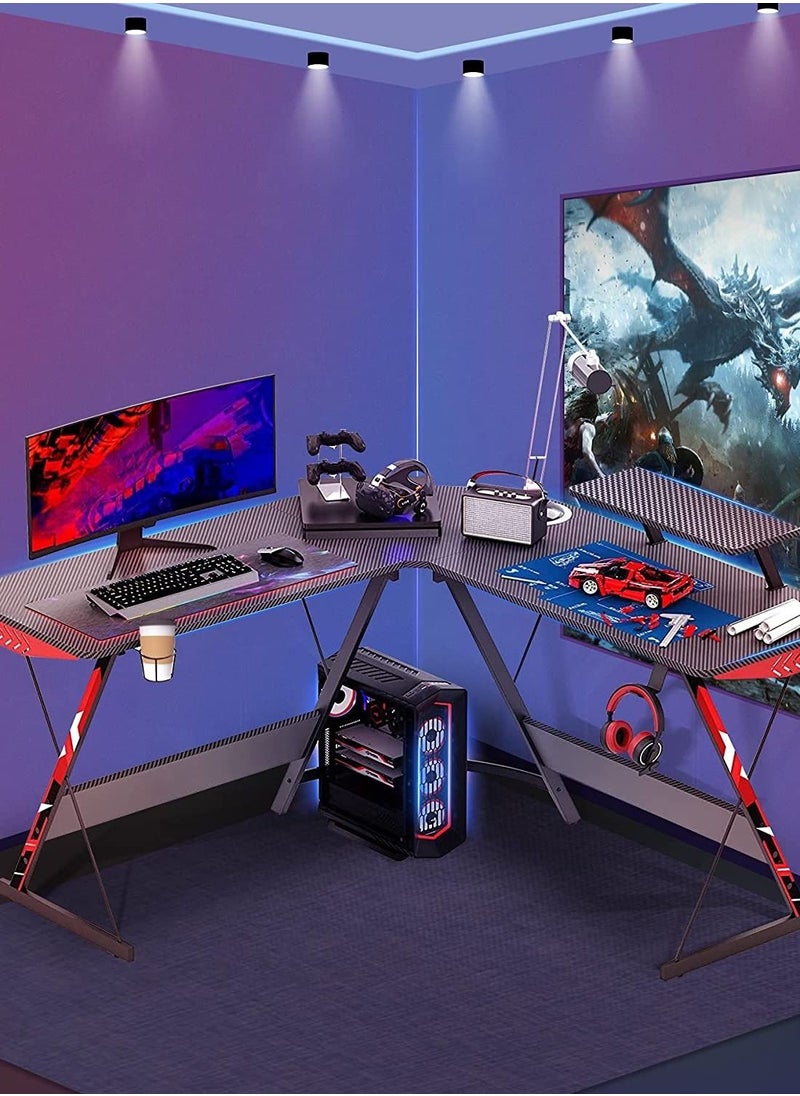 In Air L Shaped Gaming Desk 130cm L Shaped Desk, Carbon Fiber Coated, Computer Corner Desk with Large Monitor Riser Stand for Home Office, Sturdy Writing Workstation, Gaming Desk with Shelf, Black  - Image 2