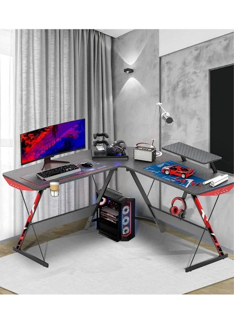 In Air L Shaped Gaming Desk 130cm L Shaped Desk, Carbon Fiber Coated, Computer Corner Desk with Large Monitor Riser Stand for Home Office, Sturdy Writing Workstation, Gaming Desk with Shelf, Black  - Image 4