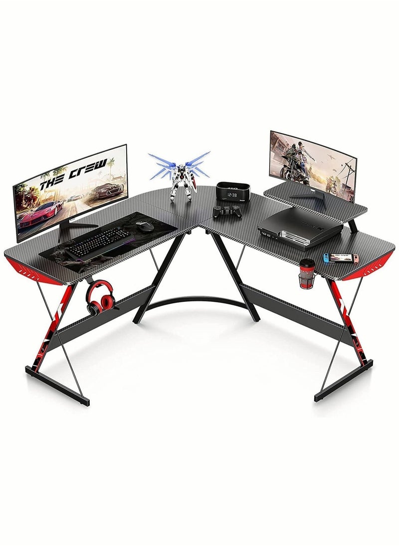 In Air L Shaped Gaming Desk 130cm L Shaped Desk, Carbon Fiber Coated, Computer Corner Desk with Large Monitor Riser Stand for Home Office, Sturdy Writing Workstation, Gaming Desk with Shelf, Black  - Image 1