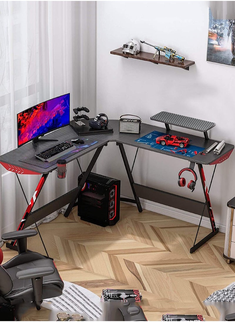 In Air L Shaped Gaming Desk 130cm L Shaped Desk, Carbon Fiber Coated, Computer Corner Desk with Large Monitor Riser Stand for Home Office, Sturdy Writing Workstation, Gaming Desk with Shelf, Black  - Image 5