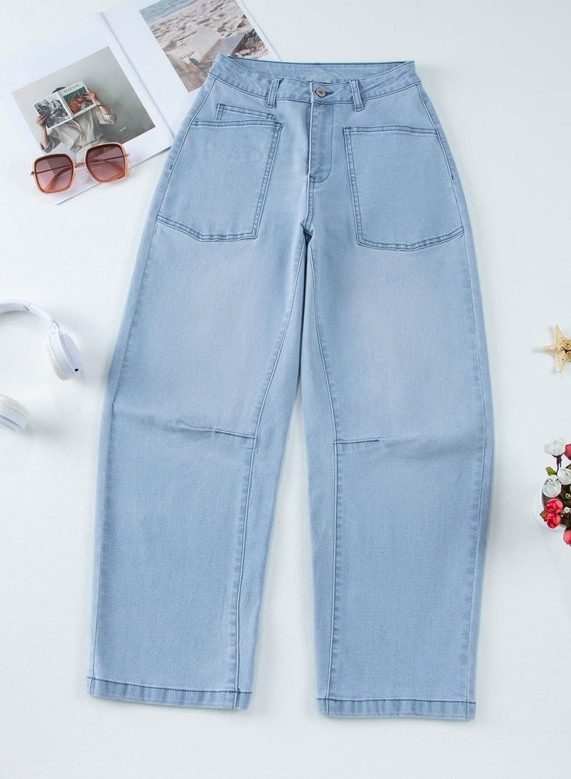 EVALESS Womens Baggy Barrel Jeans Stretchy High Waisted Wide Leg Boyfriend Denim Ankle Denim Pants Beau Blue Size 4 - Image 3