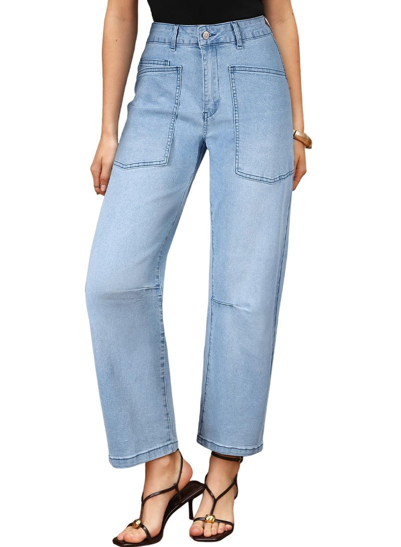 EVALESS Womens Baggy Barrel Jeans Stretchy High Waisted Wide Leg Boyfriend Denim Ankle Denim Pants Beau Blue Size 4 - Image 4