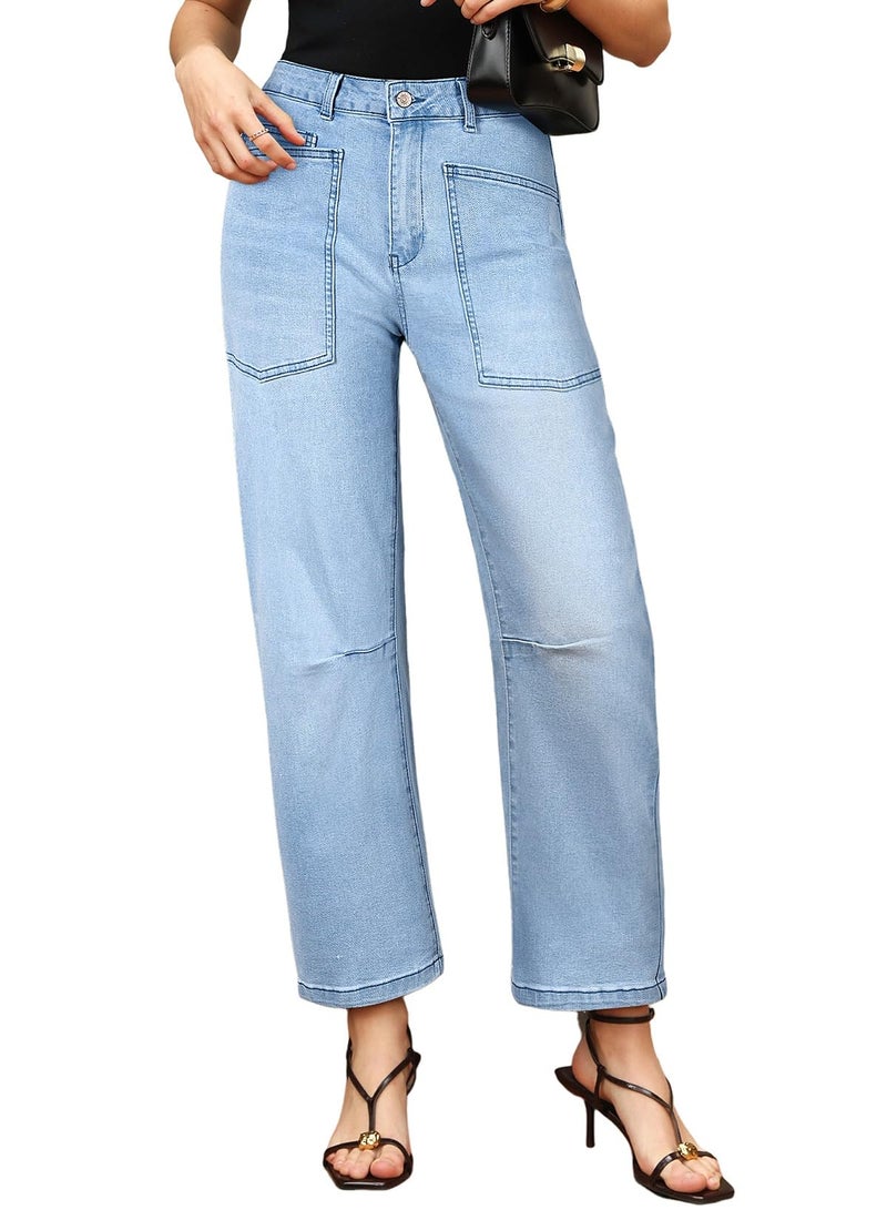 EVALESS Womens Baggy Barrel Jeans Stretchy High Waisted Wide Leg Boyfriend Denim Ankle Denim Pants Beau Blue Size 4 - Image 5