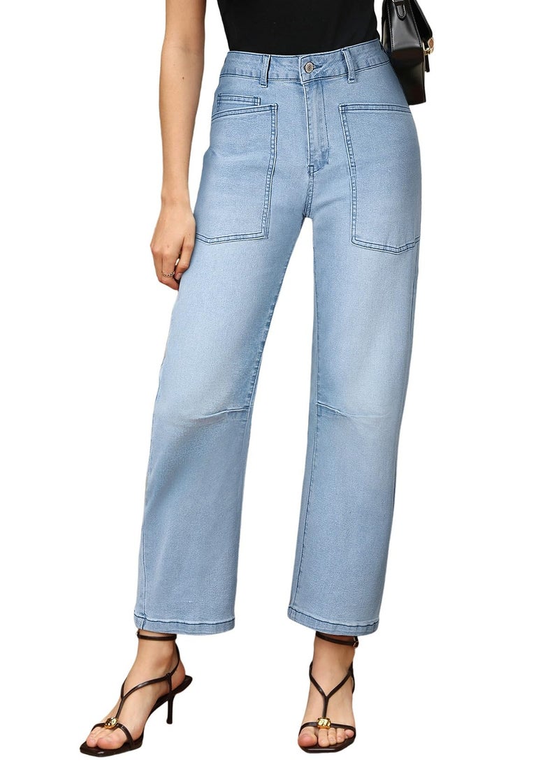 EVALESS Womens Baggy Barrel Jeans Stretchy High Waisted Wide Leg Boyfriend Denim Ankle Denim Pants Beau Blue Size 4 - Image 2