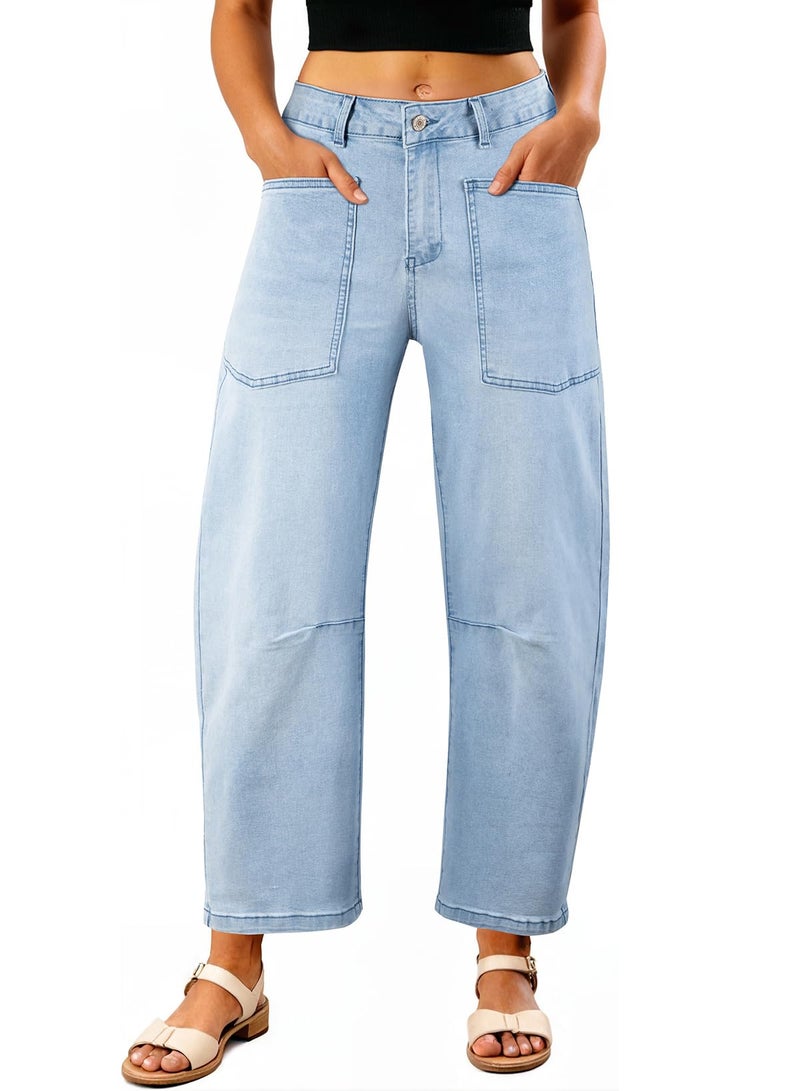 EVALESS Womens Baggy Barrel Jeans Stretchy High Waisted Wide Leg Boyfriend Denim Ankle Denim Pants Beau Blue Size 4 - Image 1