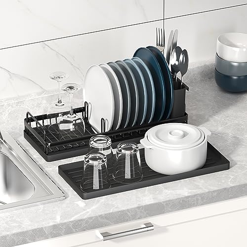 CHLORYARD Small Dish Drying Rack, Compact Sink Dish Drainer Plate Organizer with Utensil Holder and 2pcs Silicone Drying Mats for Kitchen Counter, RVs, Apartments - Image 2