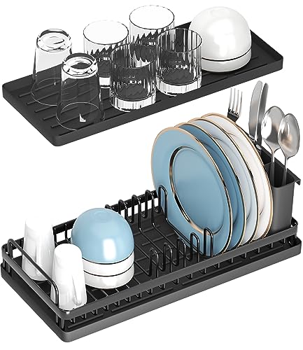 CHLORYARD Small Dish Drying Rack, Compact Sink Dish Drainer Plate Organizer with Utensil Holder and 2pcs Silicone Drying Mats for Kitchen Counter, RVs, Apartments - Image 1