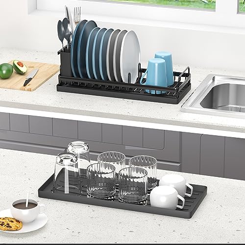 CHLORYARD Small Dish Drying Rack, Compact Sink Dish Drainer Plate Organizer with Utensil Holder and 2pcs Silicone Drying Mats for Kitchen Counter, RVs, Apartments - Image 3