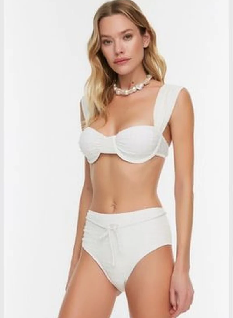 trendyol Ecru Gingham Textured Accessory Textured High Waist Bikini Bottom TBESS21BA0167