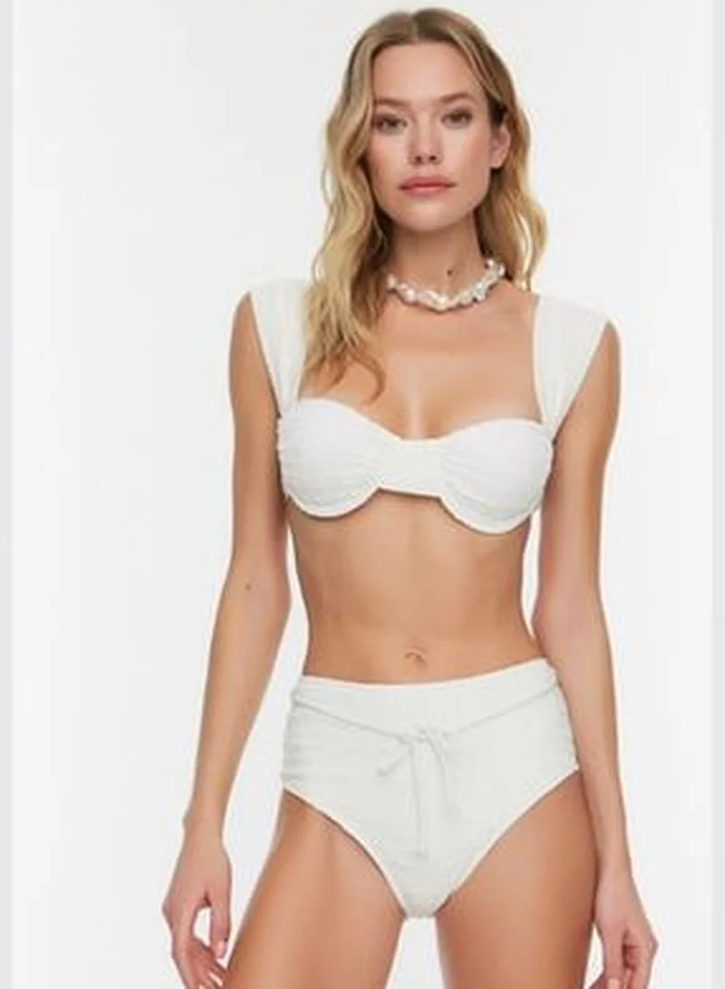 trendyol Ecru Gingham Textured Accessory Textured High Waist Bikini Bottom TBESS21BA0167