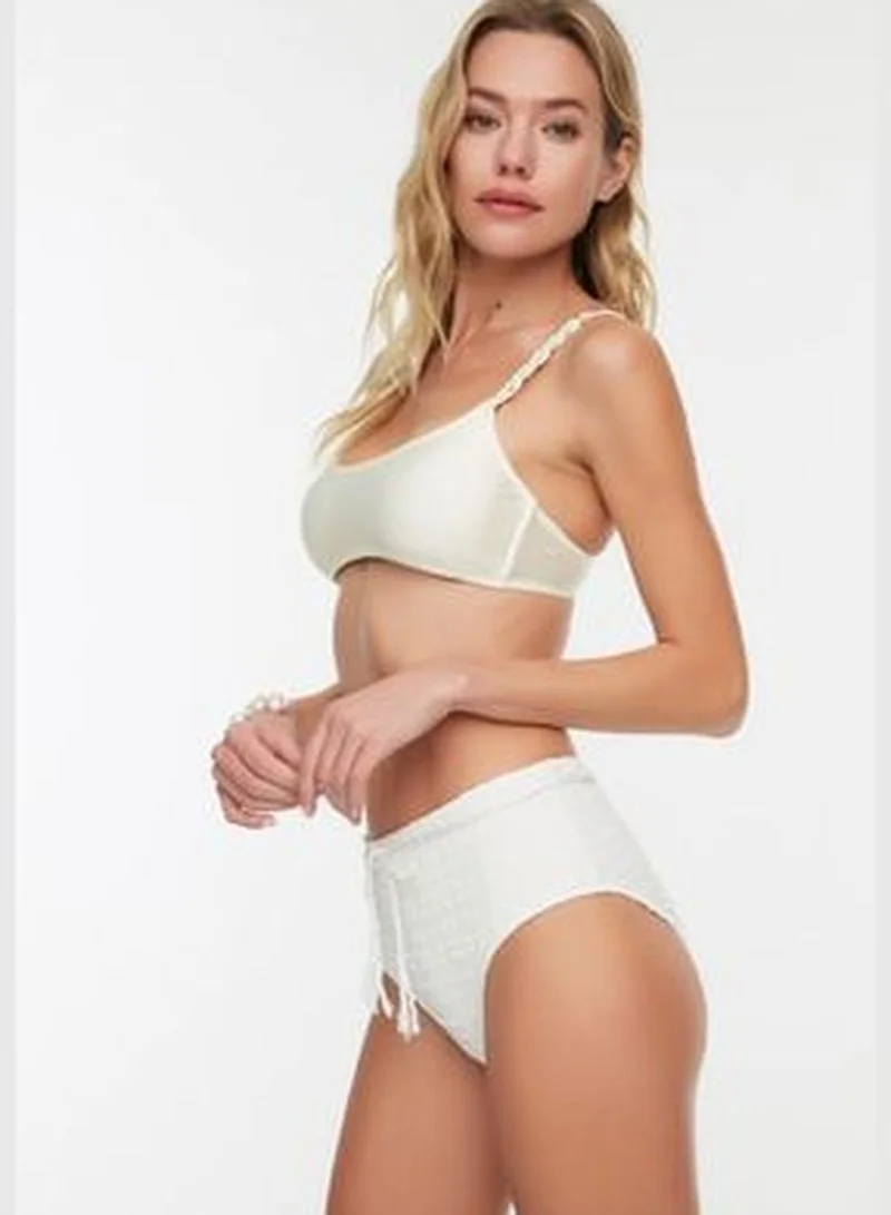 trendyol Ecru Gingham Textured Accessory Textured High Waist Bikini Bottom TBESS21BA0167