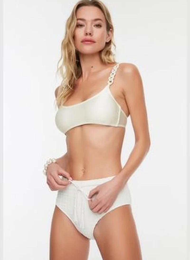 trendyol Ecru Gingham Textured Accessory Textured High Waist Bikini Bottom TBESS21BA0167