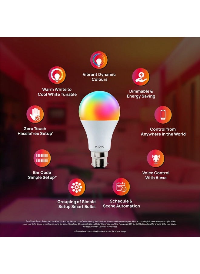 WIPRO - Wipro Garnet Simple Setup 9W Led Smart Bulb | Simple Setup With Amazon Alexa | Dynamic Colours, White Tunable, Dimmable | No Hub Required | Compatible With Alexa Only | Pack Of 1 - B22D - Image 1