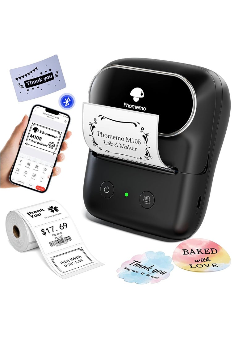 phomemo Label Maker,M108 Bluetooth Thermal Label Printer for Small Business, Home, Office, 2 Inch Barcode Label Printer with 300+ Templates, Sticker Printer for Address/Logo/Clothing Label, Black,1 Roll Label  - Image 1