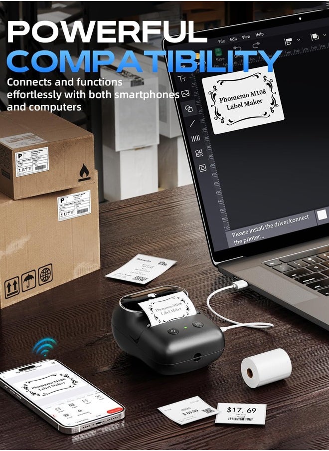 phomemo Label Maker,M108 Bluetooth Thermal Label Printer for Small Business, Home, Office, 2 Inch Barcode Label Printer with 300+ Templates, Sticker Printer for Address/Logo/Clothing Label, Black,1 Roll Label  - Image 3