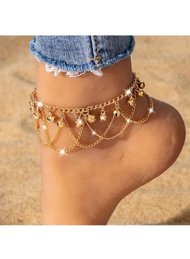 Jingling Anklet, Bohemian Tassel Bell Anklet for Summer Beach Women Sandal Ankle Bracelet Foot Chain Adjustable Layered Jingle Foot Chain (Gold) - Image 1