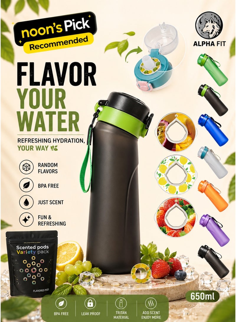 ألفا فت زجاجة مياه Alpha Fit PRO متوافقة مع Air Up سعة 750 مل بلمسة مطفية فاخرة مع 3 كبسولات نكهة – أخضر وأسود - Image 1