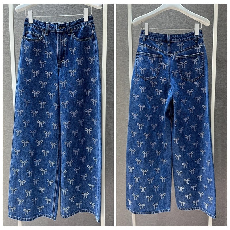 Retro French Bow Rhinestone Jeans Classic Blue High Waist Wide Leg Pants Straight Trendy Pants - Image 1