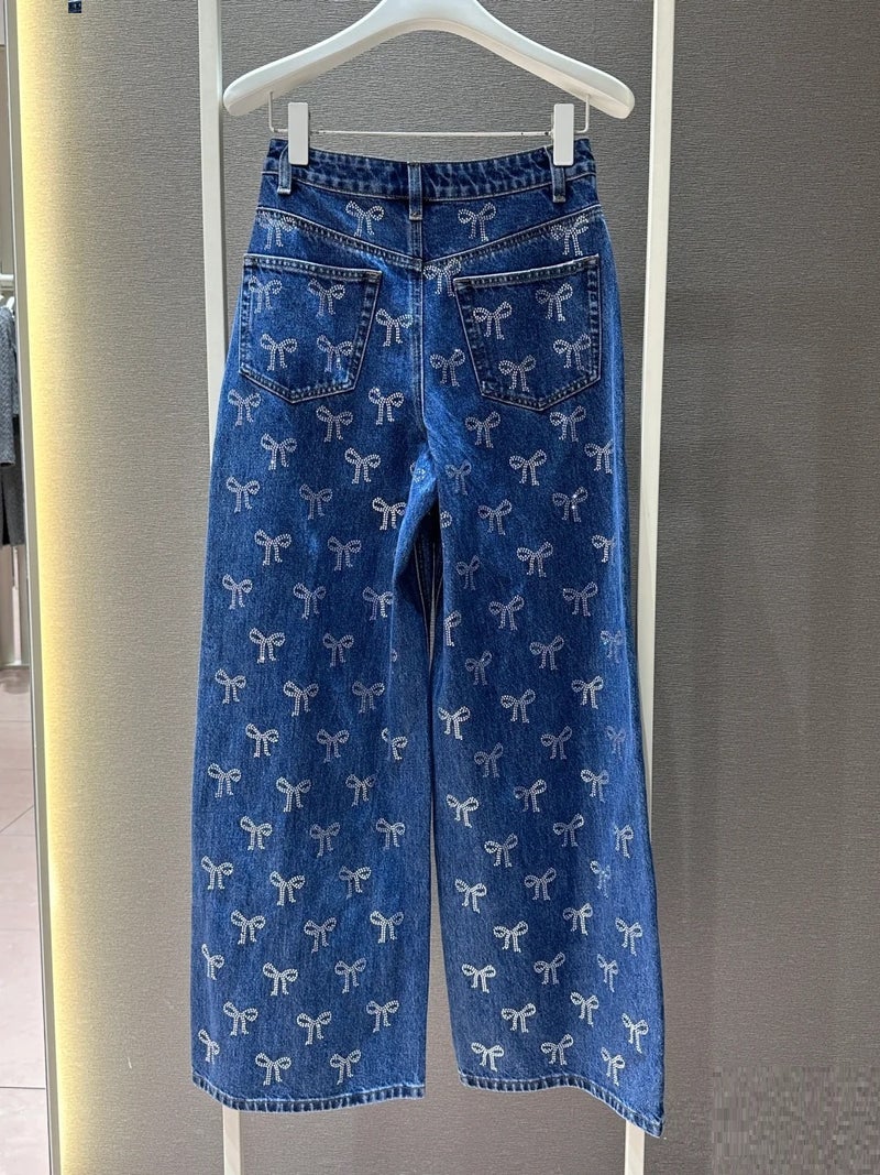 Retro French Bow Rhinestone Jeans Classic Blue High Waist Wide Leg Pants Straight Trendy Pants - Image 5
