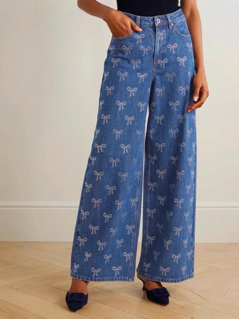 Retro French Bow Rhinestone Jeans Classic Blue High Waist Wide Leg Pants Straight Trendy Pants - Image 2