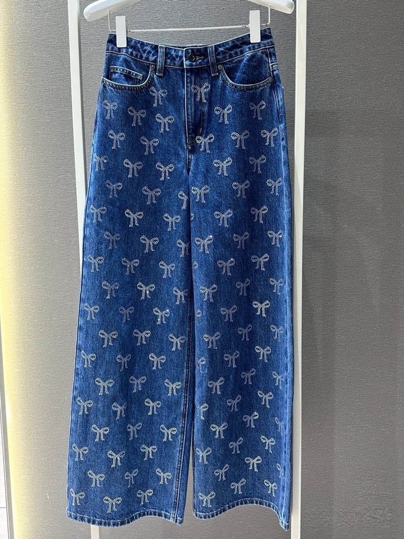 Retro French Bow Rhinestone Jeans Classic Blue High Waist Wide Leg Pants Straight Trendy Pants - Image 4