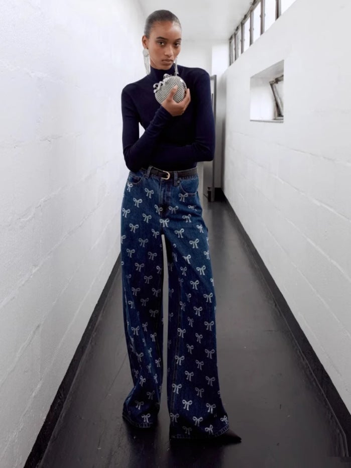 Retro French Bow Rhinestone Jeans Classic Blue High Waist Wide Leg Pants Straight Trendy Pants - Image 3