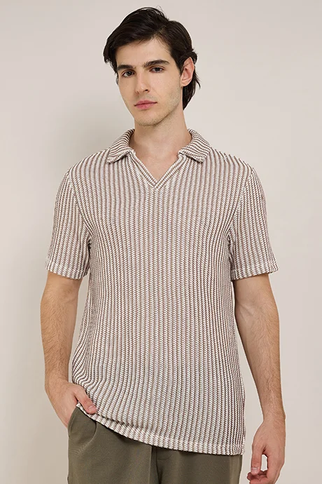 أر أند بي Striped Polo T-Shirt with Short Sleeves