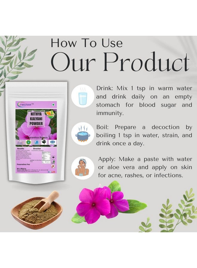 neotea مسحوق نيتيا كالياني من نيوتي | مسحوق البيريفينكل (كاثارانثوس روزيوس) | ساداباهار، زهرة العانس، فينكا سنوية، ورد مدغشقر | مسحوق عشبي طبيعي 100% للرفاهية | 50 غ (عبوة من 10) - Image 4