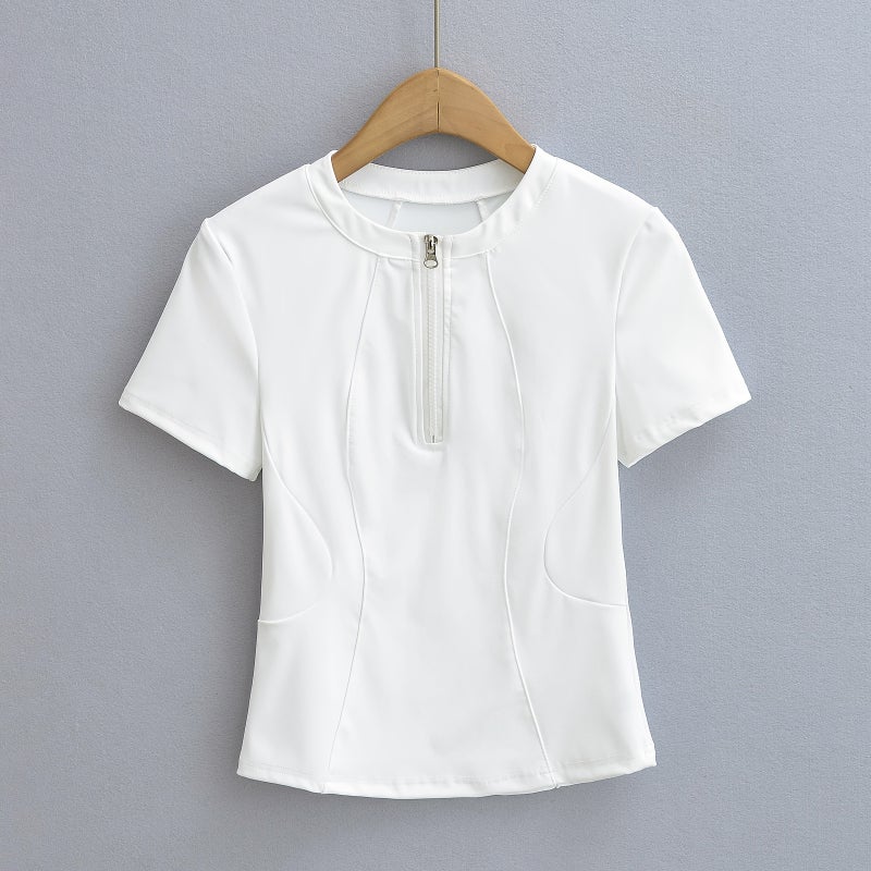 2024 Summer New Retro Half Zip Slim Yoga Casual Top American Sports Tight Short-sleeved T-shirt for Women cinnamon powder  - Image 3