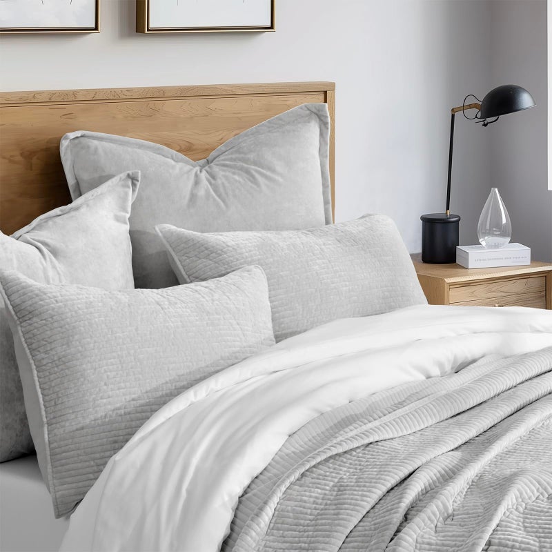 EVERGRACE Velvet Quilt Set Queen Size, Luxurious Soft Quilted Bedding Sets, Lightweight Velvet Comforter for All Season, Striped Channel Bedspread Coverlet with 2 Shams, Frost Gray - Image 2