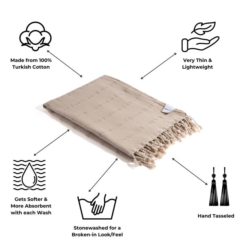 InfuseZen Stonewashed Turkish Bath & Beach Towel â€“100% Organic Turkish Cotton - Soft, Lightweight, Absorbent - Quick Dry, Sand Free - Swim, Pool, Shower, Travel - Peshtemal, Hammam Spa Towel - Beige - Image 2