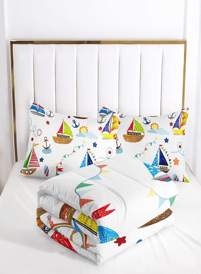 Suncloris Colorful Crayon Ship Sailboats Comforter Set for Kids Teens, Queen Size Lighthouse Anchor Sailboat Bedding Comforter with 2 Nautical Adventure Ocean Boat Pattern Pillowcases- 90" x 90" (02, Queen) - Image 5