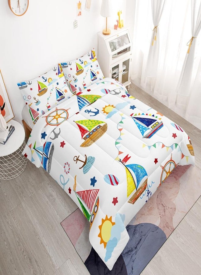 Suncloris Colorful Crayon Ship Sailboats Comforter Set for Kids Teens, Queen Size Lighthouse Anchor Sailboat Bedding Comforter with 2 Nautical Adventure Ocean Boat Pattern Pillowcases- 90" x 90" (02, Queen) - Image 2