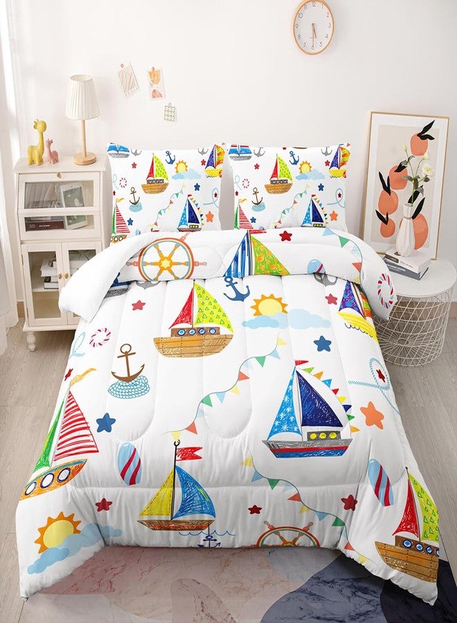 Suncloris Colorful Crayon Ship Sailboats Comforter Set for Kids Teens, Queen Size Lighthouse Anchor Sailboat Bedding Comforter with 2 Nautical Adventure Ocean Boat Pattern Pillowcases- 90" x 90" (02, Queen) - Image 1