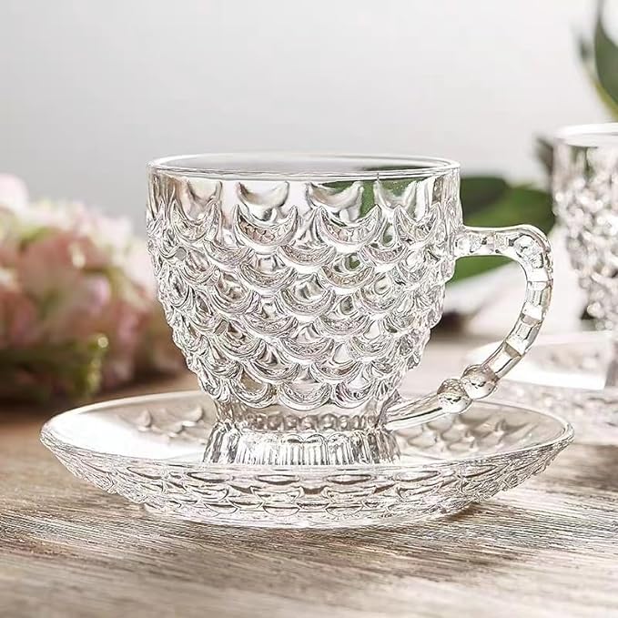 Mevanta Premium Glass Tea Cup and Saucer Set (6 Cups & 6 Saucers - 220 ML) Transparent Cups & Saucer Set For Coffee Herbal Green Tea, Lemon Tea, Espresso, Hot Chocolate,Cappuccino (MSC - 12, Set of 6) - Image 1