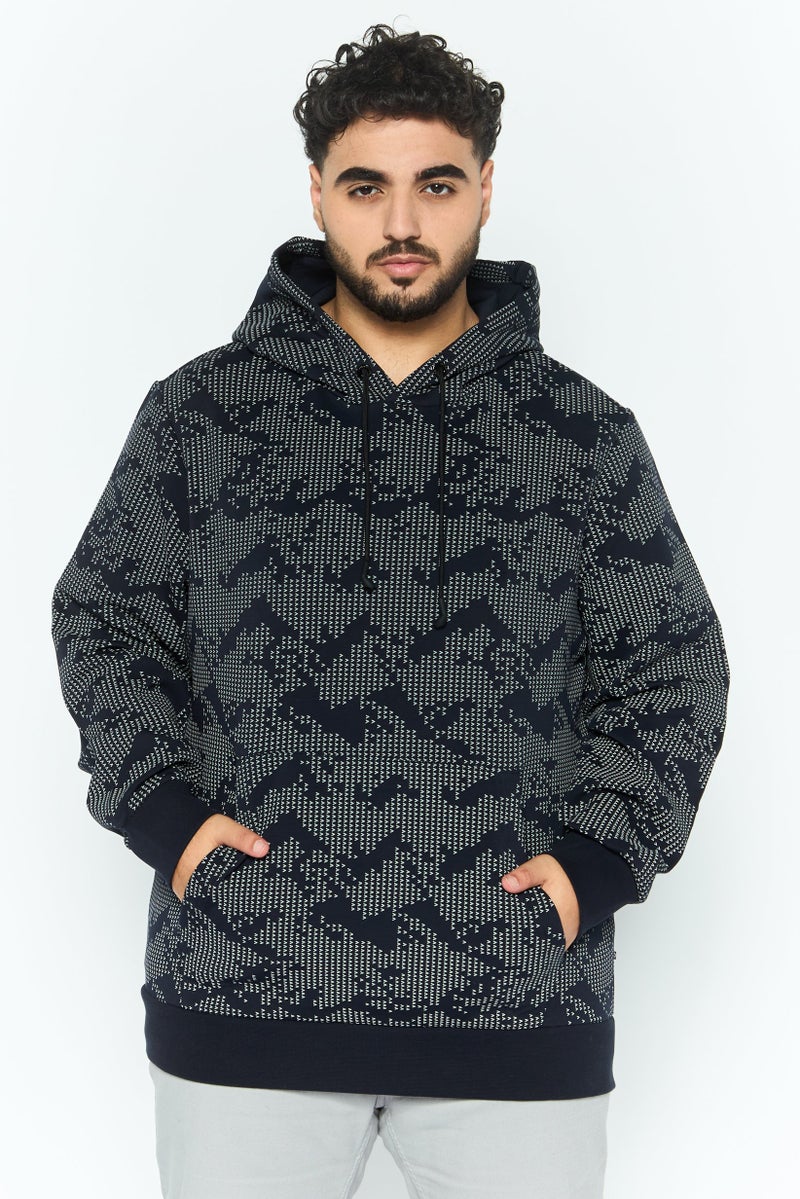 HUGO BOSS سويت شيرت بقلنسوة بأكمام طويلة منسوج للرجال، أزرق داكن - Image 1