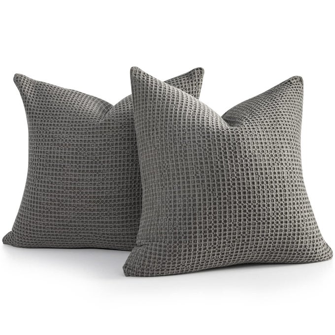 PILLOW COVERS 26X26 SET OF 2 COTTON EURO SHAMS WITH HIDDEN ZIPPER WRINKLE RESISTANT BREATHABLE DECORATIVE WAFFLE WEAVE PILLOWCASES FOR COUCH SOFA BEDROOM CAR CHOCOLATE GREY