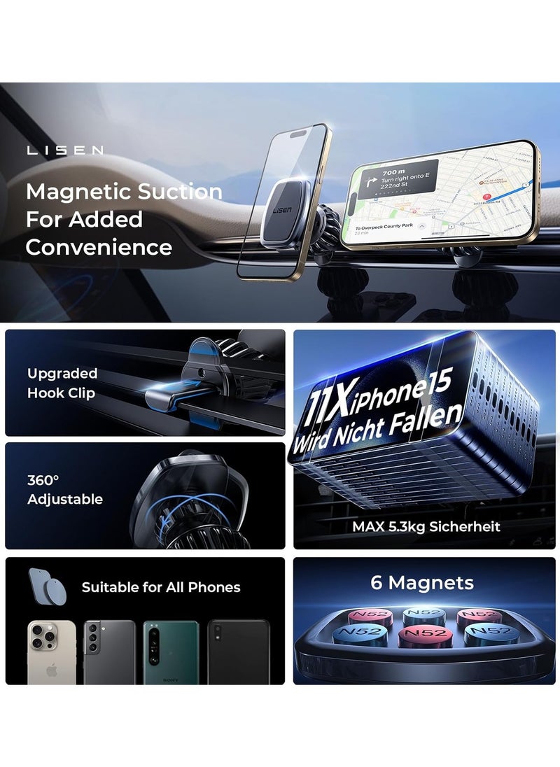 Lisen LISEN Phone Holder Car, [Upgraded Clip] Magnetic Phone Mount [6 Strong Magnets] Car Phone Mount [Case Friendly] Phone Car Holder Mount Compatible with 4-6.7 inch Smartphones and Tablets  - Image 2