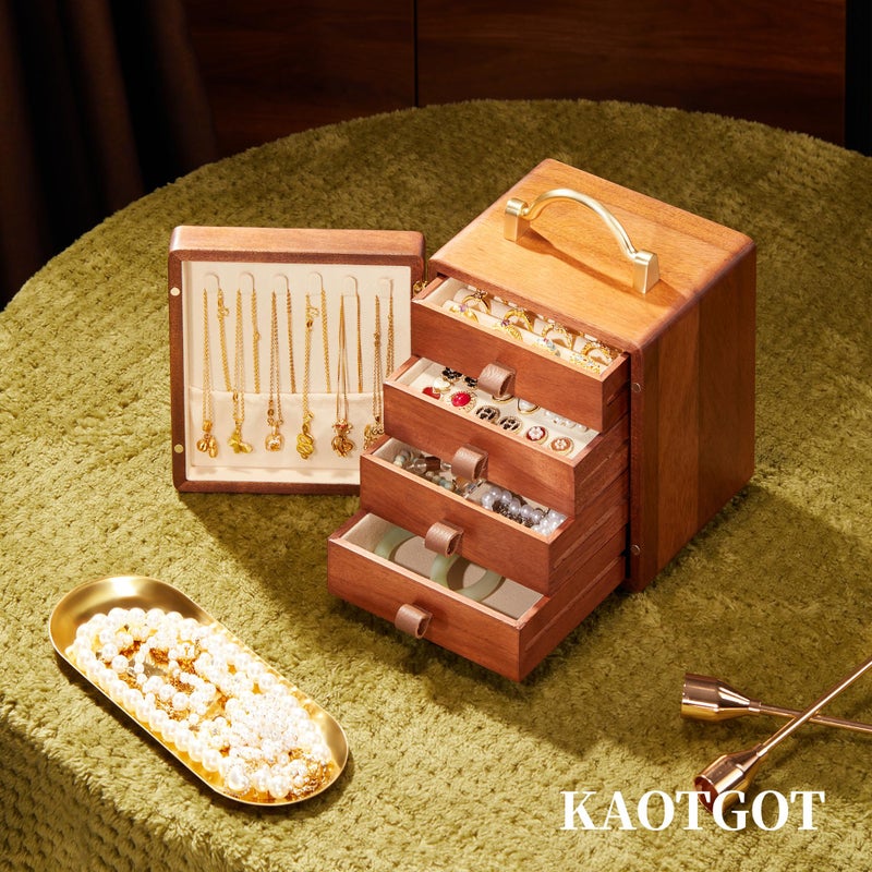 KAOTGOT Wooden Jewelry Box for Women Walnut Wooden Jewelry Box with handle 4-Tier Jewelry Organizer for Rings, Necklaces - Image 5
